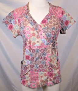 Womens Elan By Barco Scrub Top Floral Brown Pink Embroidered S Small - Picture 1 of 9