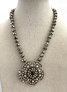 Betsey Johnson Hematite Chrysanthemum Flower AB auroa Borealis Crystal Necklace - Picture 1 of 5