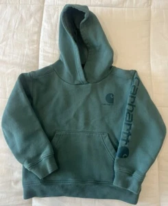 Carhartt Hoodie Boys Size 5 Green Logo Pockets Cotton Blend - Picture 1 of 3
