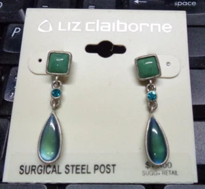 Estate Jewelry ~ LIZ CLAIBORNE Silvertone Green Blue Dangle Pierced Earrings - Picture 1 of 4