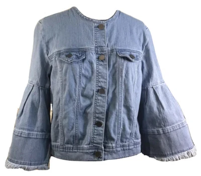 Chaqueta de mezclilla halógena para mujer talla M acampanada dobladillo crudo mangas tachuelas de metal boho costera Foto 1 de 4