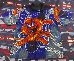 Vtg SPIDER-MAN MARVEL COMICS Button Up Camp Hawaiian Shirt Mens Blue Web XL Y2K - Picture 1 of 7