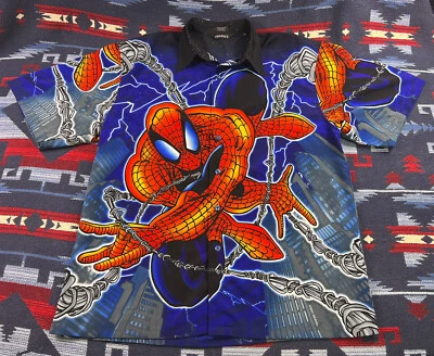 Vtg SPIDER-MAN MARVEL COMICS Button Up Camp Hawaiian Shirt Mens Blue Web XL Y2K - Image 1 of 4