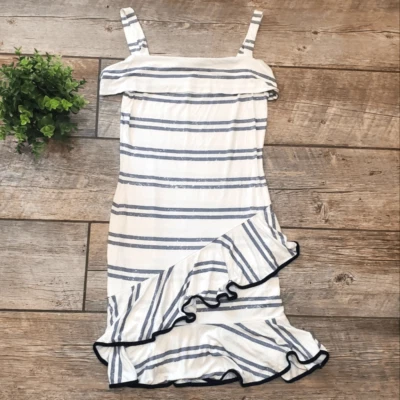 Venus White & Gray Striped Cold-Shoulder Ruffle Dress, Size Small - Image 1 of 4