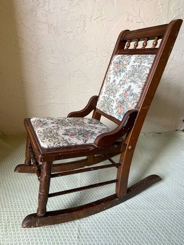 Vintage Rocking Chair Child Display Wood Fabric Seat Back Armless H= 27" Cover
