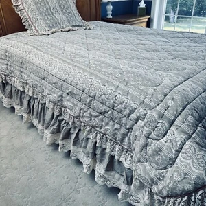 CROSCILL Victorian LACE Taupe Ruffled Queen Comforter & Bed Skirt 1 Sham Down - Picture 1 of 11