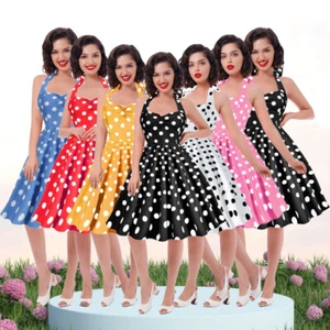 UK Retro Womens 50s 60s Polka Dot Rockabilly Swing Dress Skater Party Midi Dress - Picture 1 of 29
