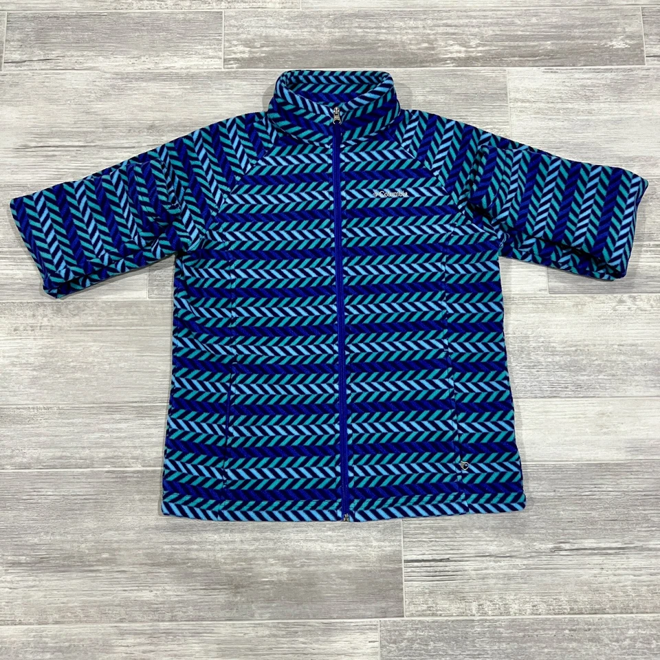 Columbia Chaqueta Niñas Extra Grande XL 18/20 Azul/Verde Polar Cremallera Completa Suéter Foto 1 de 4