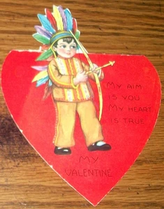 Vintage Valentine Card~Little Boy Indian My Aim is You My Heart is True - Picture 1 of 2