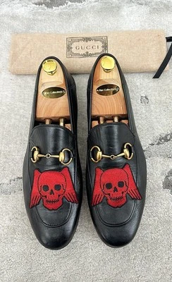 正品古驰红色骷髅布里克斯顿黑色皮革男式乐福鞋 US8.5 EU42 GUCCI/UK8 — 第 1/4 张图片