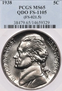 1938 5C PCGS MS65 QDO FS-1105 FS-021.5 FS-105 Quadruple Die Jefferson Nickel - Picture 1 of 4