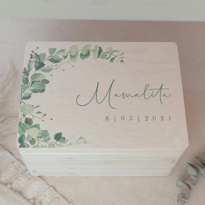 Personalisierte Erinnerungsbox Hochzeit Eukalyptus links Liebe Erinnerungskiste - Bild 1 von 4
