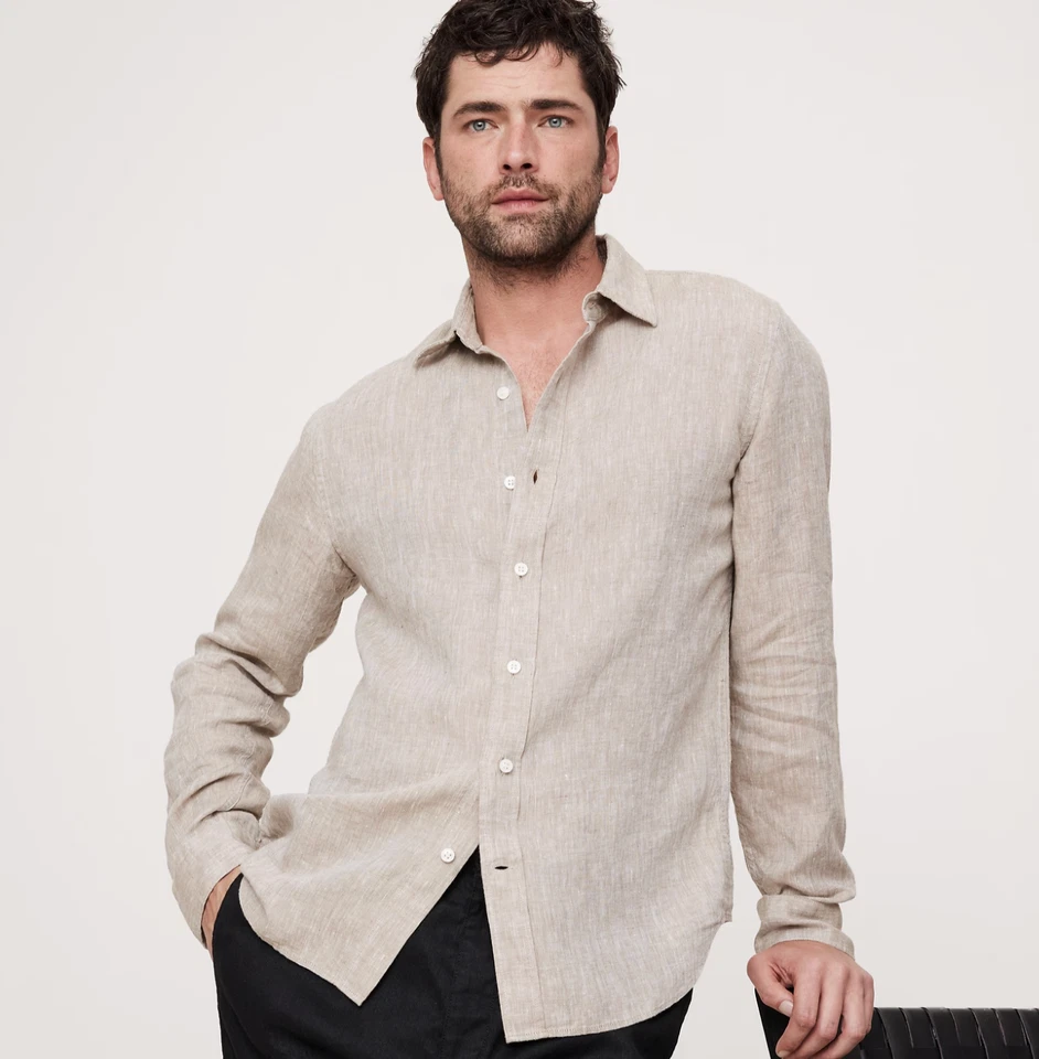 Banana Republic Shirt Mens M Khaki Beige Solid Slim Fit Linen Cotton Coastal - Image 1 of 4