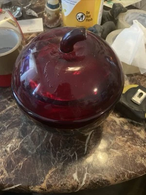 Vintage Ruby Red Glass Apple Jar Anchor Hocking Leave Motif On Lid 7.5" Tall - Image 1 of 3