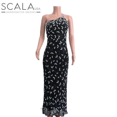 VINTAGE Vestido Scala Negro/Blanco Un Hombro Cuentas Foto 1 de 4
