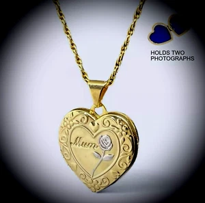 Mum Heart Locket Gold on 925 Sterling Silver Rose Motif On Front 18" Chain Boxed - Picture 1 of 5