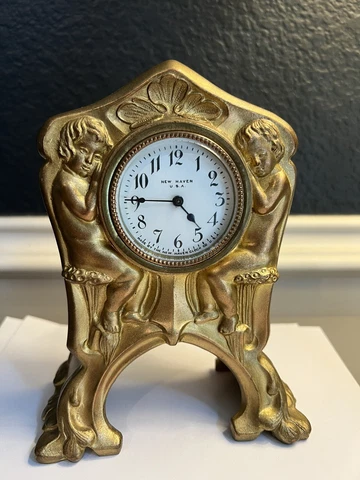 LOOK - New Haven Art Noveau Desk Clock Gold Gilt, Wound Clock And Ticking! EUC Cover
