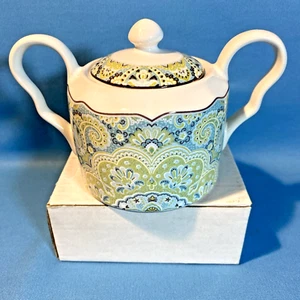 222 Fifth Lyria Teal Sugar Bowl With Lid Excellent - Picture 1 of 7