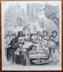 Stampa antica Ostriche Londra xilografia originale 1863 - Foto 1 di 1