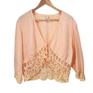 J. Jill Womens XL Peach Lace-Trim Linen & Cotton Top With 3/4 Sleeves - Picture 1 of 7
