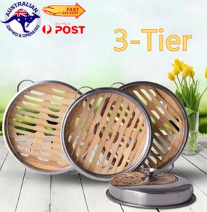 3-Tiers Bamboo Steamer Set Stainless Steel Home Kitchen Cookware Lid Tool Simple - Picture 1 of 11
