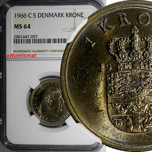 Denmark 1966 CS 1 Krone NGC MS64 TOP GRADED RAINBOW NICE TONING KM# 851.1 (57) - Picture 1 of 3