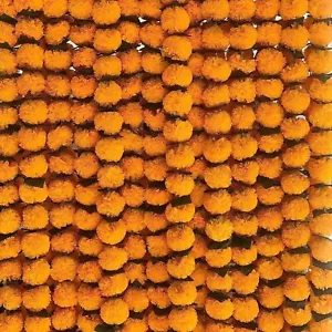 5 x Orange & Green Leaf Artificial Flowers Marigold Hanging Garland Diwali Decor - Picture 1 of 4