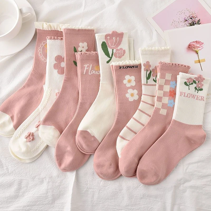 Lote de 5 pares de calcetines de algodón para mujeres niñas cálidos flores informales calcetines 6-9 Foto 1 de 4