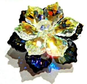 IRIDESCENT SPARKLY CRYSTAL VITRAIL FLOWER BROOCH rainbow AB black pin prom J6 - Picture 1 of 5