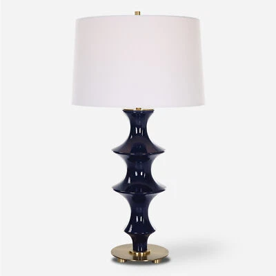 Modern Ridged Cobalt Blue Ceramic Table Lamp 29 in Fluted Chinoiserie Style - Image 1 of 4
