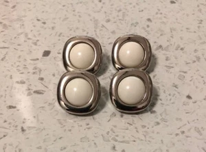 4 x White & Silver Metal Look Buttons Sewing Craft Shank 14mm Retro - 6W - Picture 1 of 2