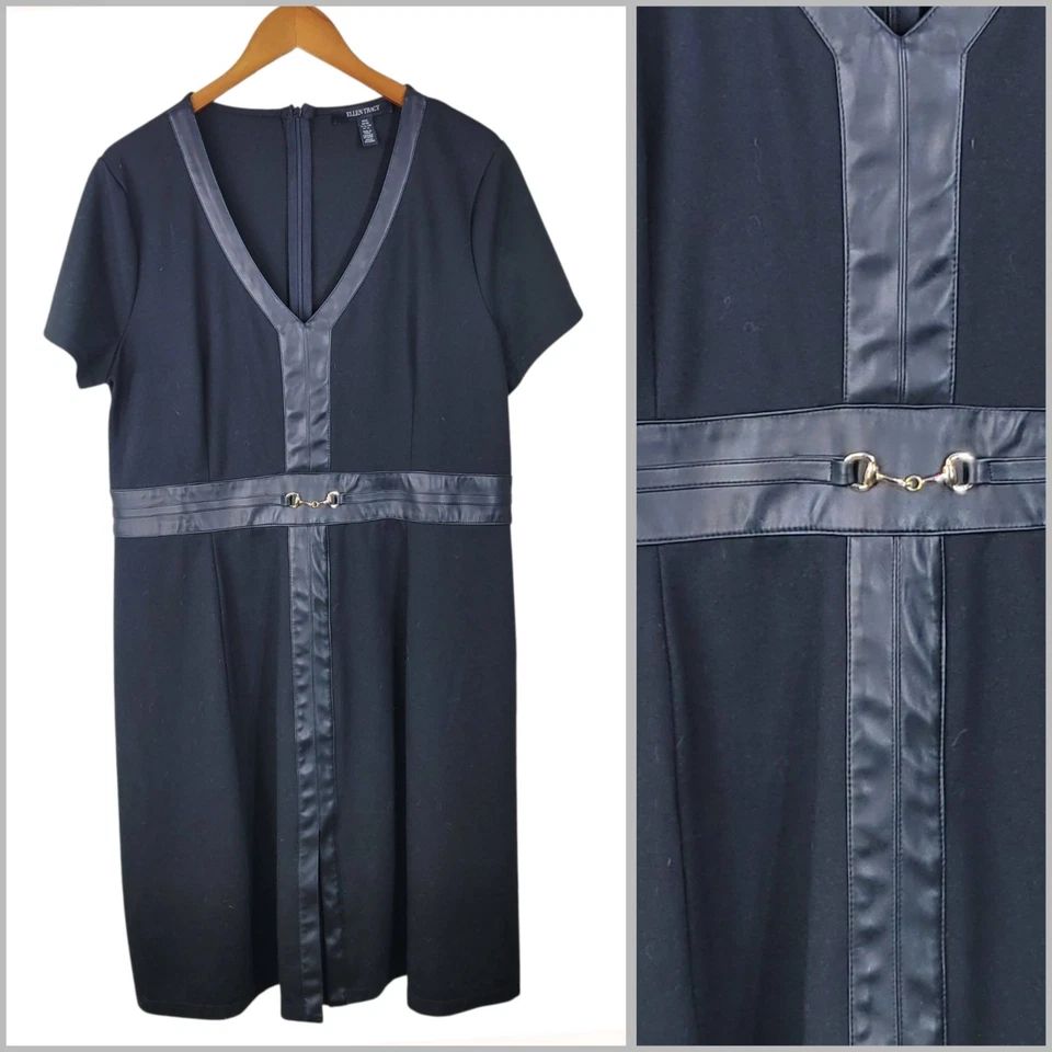 Ellen Tracy Dress Size XL Career sheath Black LBD Faux Leather Party Profession - Image 1 of 4