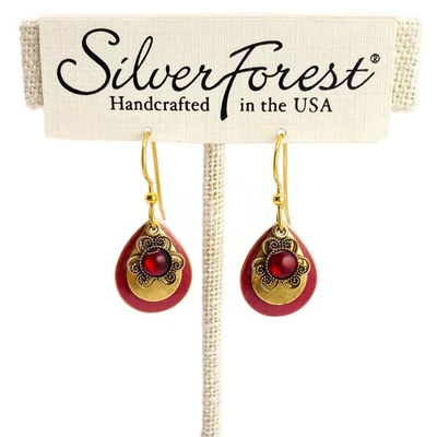 Silver Forest Red Abalone Dangle Drop Earrings 18K on Surgical Steel Earwires - Image 1 of 2