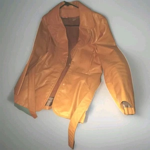 Vintage 70er Jahre Kunstleder Gr. M hellbrauner Damen Ledermantel mit Gürtel Jacke Reißverschluss Fellfutter - Bild 1 von 7