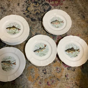 Vintage Französisch Porzellan Couleuvre Ligne Limoise Fisch 12 Stck. Essteller 10" - Bild 1 von 10