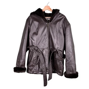 Pelle Studio Womens Jacket Large Leather Faux Fur Hooded Belted Full Zip Winter - Picture 1 of 12