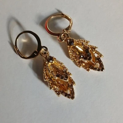Gold Crystal Leaf Drop Earrings Simlted Topaz Pendant Dangle Gemstone Charm New - Image 1 of 4