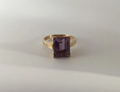 Vintage Baden & Foss 14k Gold Emerald Cut Natural Amethyst Ring  Size 6.5 - Image 1 of 4