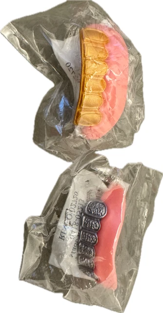 2  Tooth Grillz Teeth Cap Brace Grill  fun kids  Party  gold  and silver plastic - Image 1 of 1