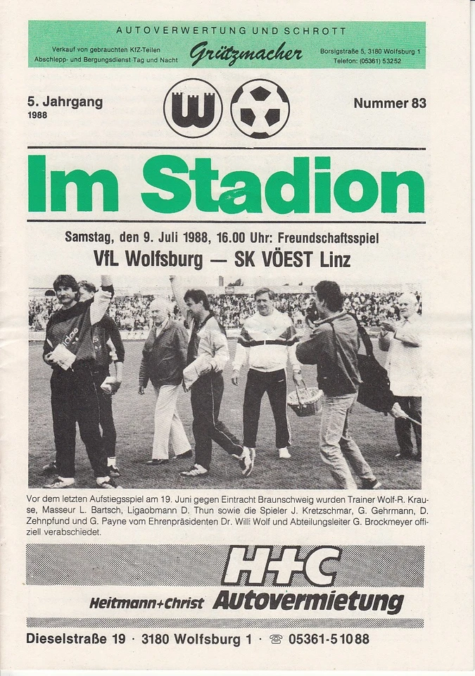 09.07.88 VFL Wolfsburg - SK Voest Linz DFB Deutschland Österreich - Bild 1 von 1