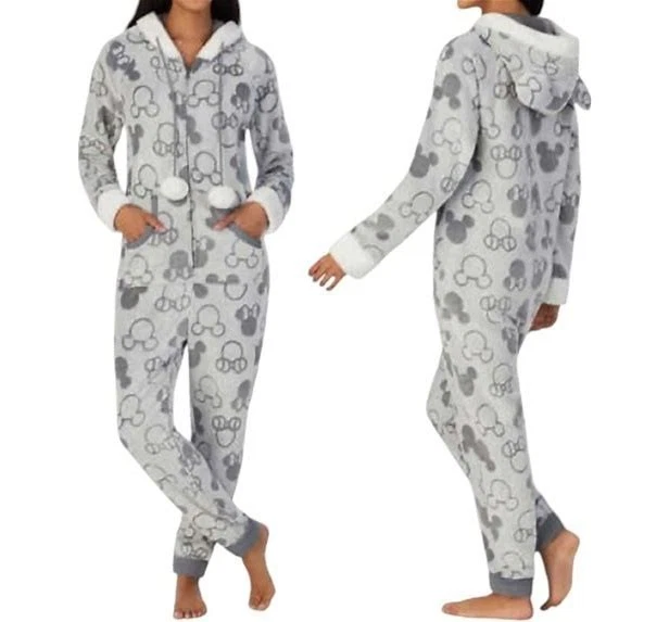 Disney Women's One-Piece Fleece Hooded Cozy Fleece Pajama Color Grey L