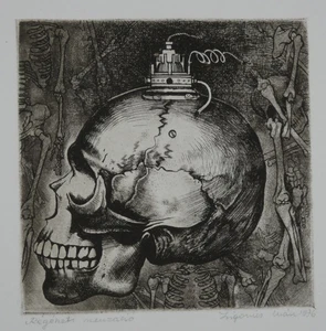 2x Radierung signiert Ungarn System kritisch steam punk 1976 Blatt 27x19 cm - Bild 1 von 6