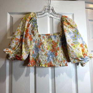 Billabong Floral Crop Top Smocked Balloon Sleeve Boho Romantic Feminine Size L - Picture 1 of 12