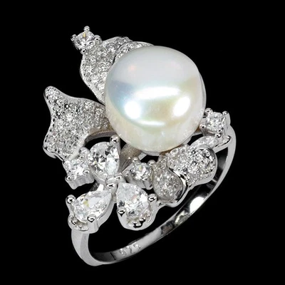 925 Sterling Silver Ring Round Pearl 10mm Natural Jewelry Size 8.5 - Image 1 of 4