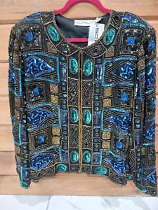 Scala Women's Size 3x Beaded & Sequin Dressy Jacket, Black w/Blue, Aqua, Gold - Picture 1 of 7