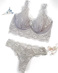 Neu mit Etikett INTIMISSIMI BH EU 80C US UK 36C Slips eisgrau Spitze Blumen - Bild 1 von 7