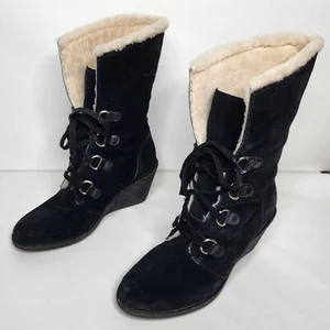 Stivali impermeabili Cole Haan Air stringati zeppa taglia 9,5B shearling nero scamosciato - Foto 1 di 13