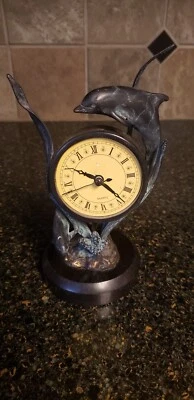 Stunning Brass Frame Marble Base Coastal Dolphin Tabletop Clock Home Decor READ - Image 1 of 4