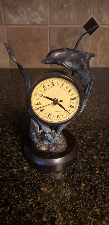 Stunning Brass Frame Marble Base Coastal Dolphin Tabletop Clock Home Decor READ - Image 1 of 4