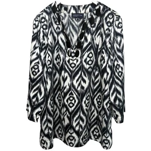 Jones New York Tunic Blouse XL Black Cream Ikat Print Cotton Womens Boho Top - Picture 1 of 9